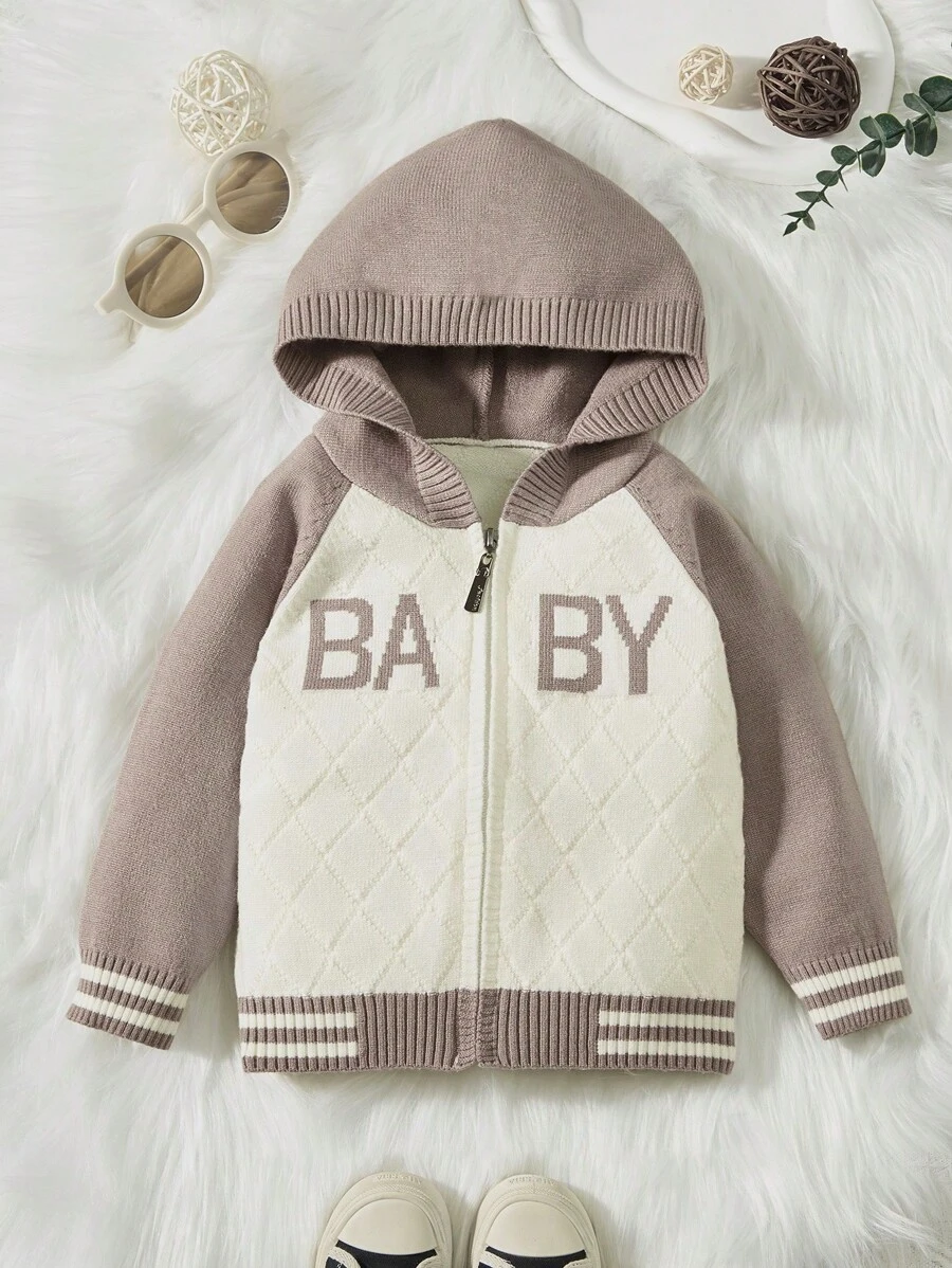 Đứa bé trai Mẫu chữ Tay Raglan áo có mũ Áo len Mở - Cà phê nâu - Xem 1