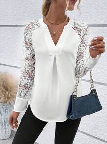 EMERY ROSE Contrast Lace Raglan Sleeve Curved Hem Notched Neckline Blouse For Holiday Party Clothes,Long Sleeve Tops Fall Cloth For Women - White - View 3