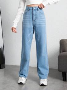 SHEIN 少女日常直腳牛仔褲 - 淺色水洗藍 - 查看 1