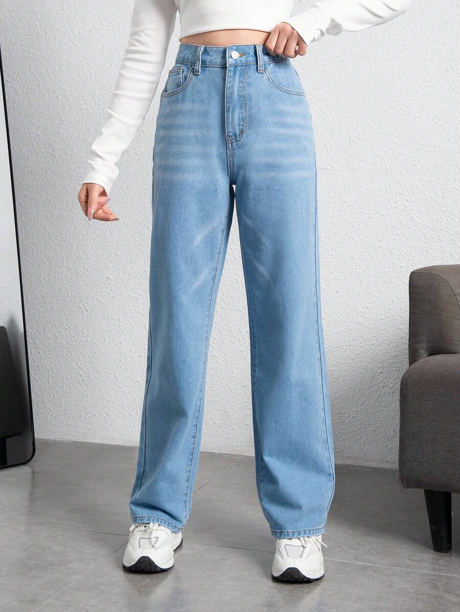 SHEIN 少女日常直腳牛仔褲 - 淺色水洗藍 - 查看 1