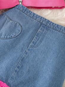 SHEIN Cô gái Tween Cổ áo Borg Dây kéo Áo khoác & Váy Denim - Màu Hồng Tươi - Xem 6