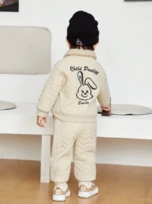 SHEIN Baby Boy Letter & Cartoon Graphic Quilted Coat & Pants - Apricot - View 7