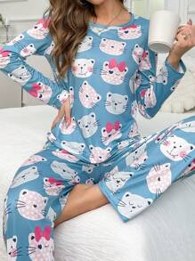 Cartoon Graphic PJ Set - Blue - View 3