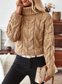 SHEIN LUNE Jersey cuello alto tejido de cable de hombros caídos - Caqui - Ver 1