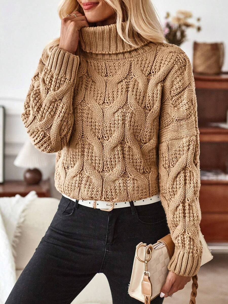 SHEIN LUNE Jersey cuello alto tejido de cable de hombros caídos - Caqui - Ver 1