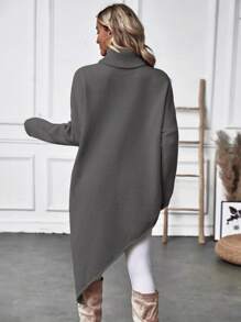 SHEIN Clasi Áo len cổ lọ, vai rớt, vạt không đối xứng, chất liệu dệt kim, thích hợp cho mùa thu đông. - Màu xám đen - Xem 2