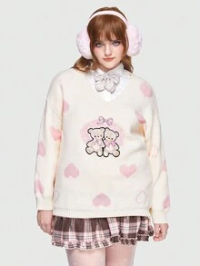 ROMWE Kawaii 大碼1入組心&卡通圖案落肩袖套頭毛衣 - 杏色 - 查看 3