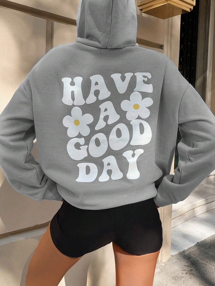 SHEIN PETITE Floral & Slogan Graphic Drop Shoulder Hoodie - Light Grey - View 1