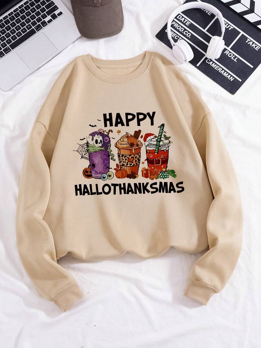 SHEIN EZwear 飲料&標語圖案加絨內裏運動衫 - 卡其色 - 查看 1