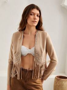 Bohemela Cazadora bajo con fleco con diseño de tachuela con parte delantera abierta - Albaricoque - Ver 4