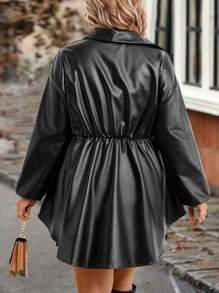 SHEIN Clasi Plus Drop Shoulder Flap Pocket Leather Look Coat - Black - View 2
