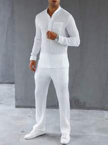 Manfinity Homme Men's Buttoned Half Placket Long Sleeve Top And Trousers Suit, Men's Co-Ord Set, Men White Outfits, Men's Summer Outfit, Fall Clothes - White - View 4