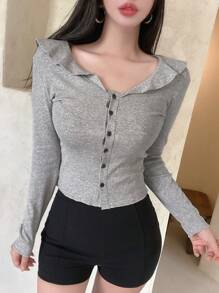 DAZY 素色前紐扣T恤 - 灰色 - 查看 6