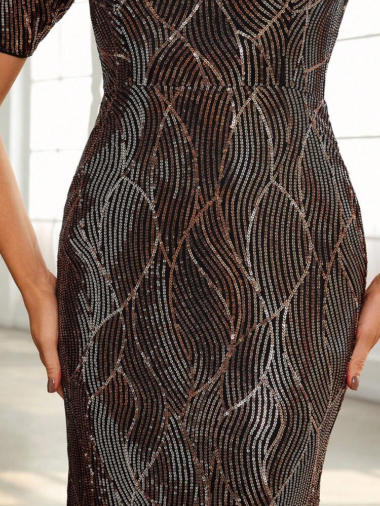 Contrast Mesh Sequin Mermaid Hem Formal Dress