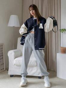 DAZY 字母貼布條紋飾邊落肩袖學院風夾克 - 藏蓝色 - 查看 3