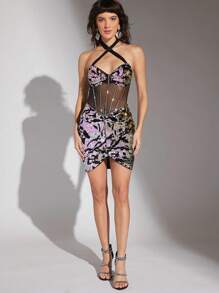 Hauture Kim sa Lưới Bustier Crisscross Đầm - Nhiều màu - Xem 8