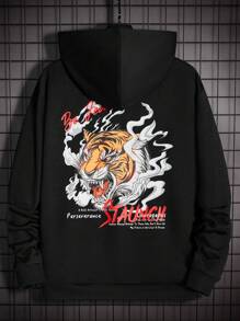 EASEVO Men Plus Tiger & Slogan Graphic Drawstring Hoodie - Black - View 1