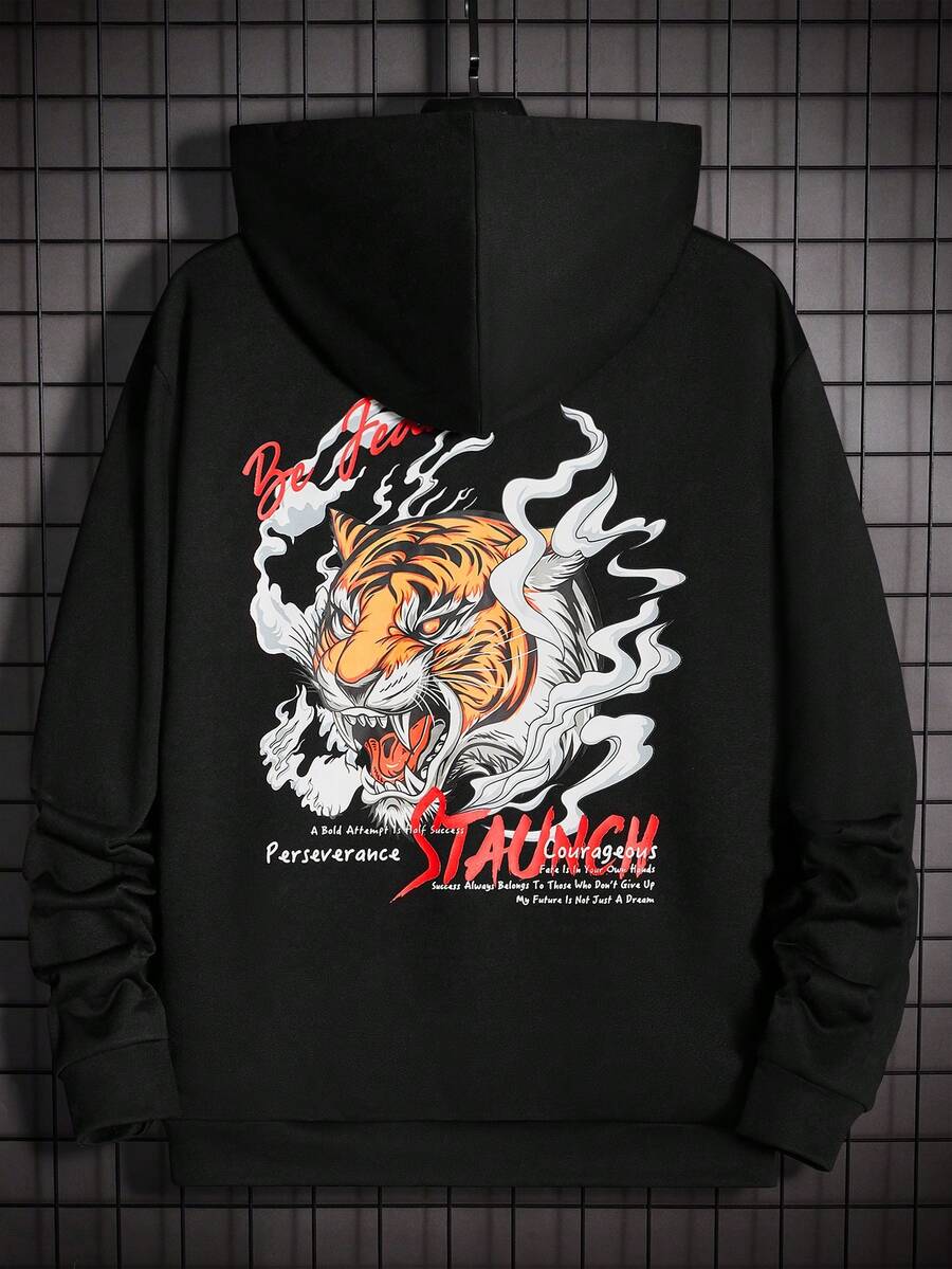 EASEVO Men Plus Tiger & Slogan Graphic Drawstring Hoodie - Black - View 1