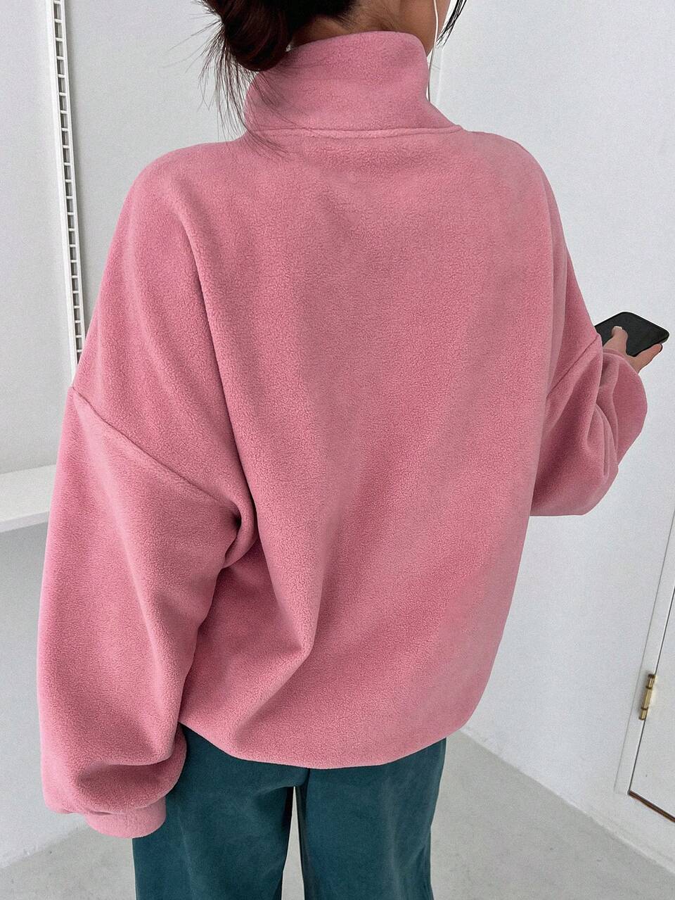 Letter Embroidery Half Zip Drop Shoulder Fleece Sweatshirt,Long Sleeve Tops,Fall Women Clothes