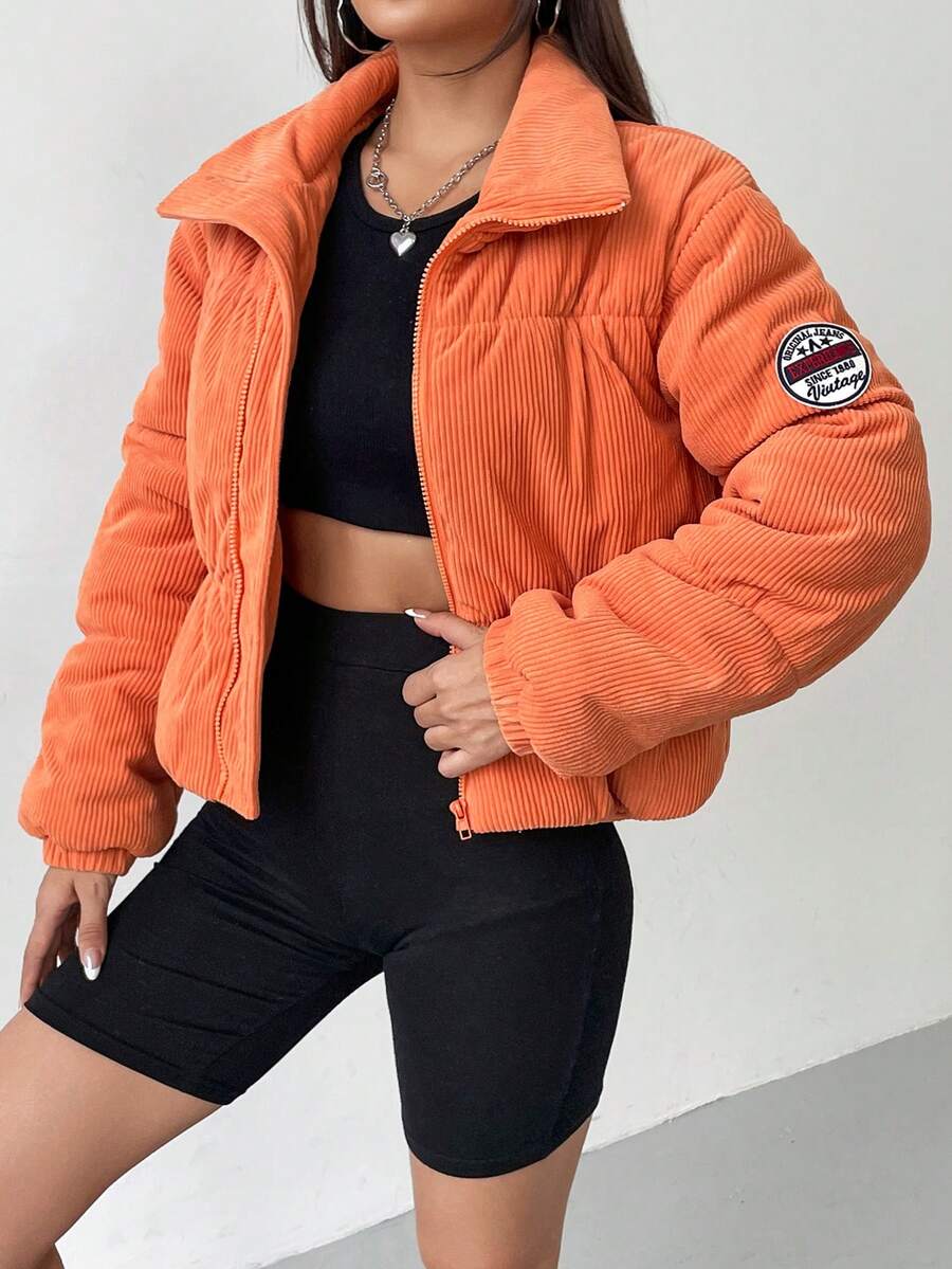 SHEIN EZwear Áo khoác nhung kẻ có chi tiết vá chữ có khóa kéo - Màu Cam san hô - Xem 1