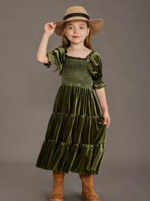 女大童泡泡袖荷葉邊絲絨洋裝 - 軍綠色 - 查看 4
