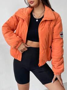 SHEIN EZwear 字母拼接细节拉链灯芯绒夹棉大衣 - 珊瑚橙 - 查看 3