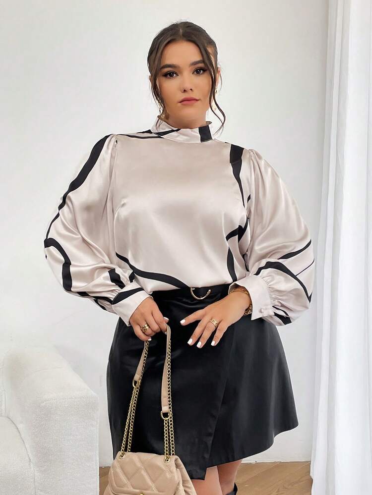 SHEIN Privé Talla grande Blusa con estampado de dibujo de cuello alto de manga farol - Albaricoque - Añade 3