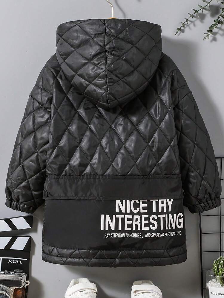 Young Boy Slogan Graphic Hooded Quilted Coat