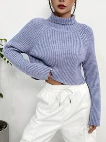 SHEIN Unity Turtleneck Cut Out Wrap Cross Back Raglan Sleeve Sweater Knit Pullover Fall Winter Outfit - Blue - View 4