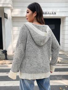 Flirla 大碼拼接邊抽繩連帽套頭毛衣 - 黑與白 - 查看 2