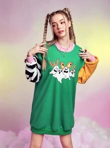 SHEINNeu 卡通圖案撞色落肩袖衛衣洋裝 - 彩色 - 查看 4