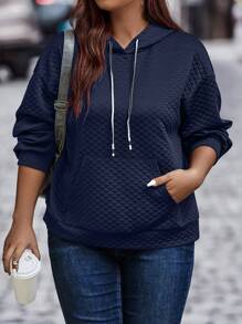 Calvaya Plus Size Kangaroo Pocket Drop Shoulder Drawstring Sweatshirt - Navy Blue - View 1