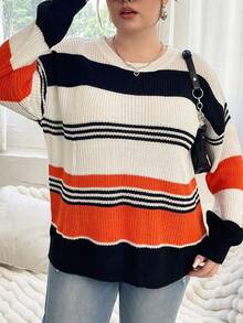 Flirla Plus Striped Pattern Colorblock Drop Shoulder Sweater - Multicolor - View 5
