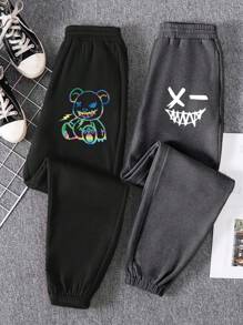 INAWLY 2pcs Cartoon Bear & Expression Print Elastic Waist Sweatpants Graduation,Back To School Outfits,Graduation,Teacher Outfits For Women,Back To School Fall Cloth For Women