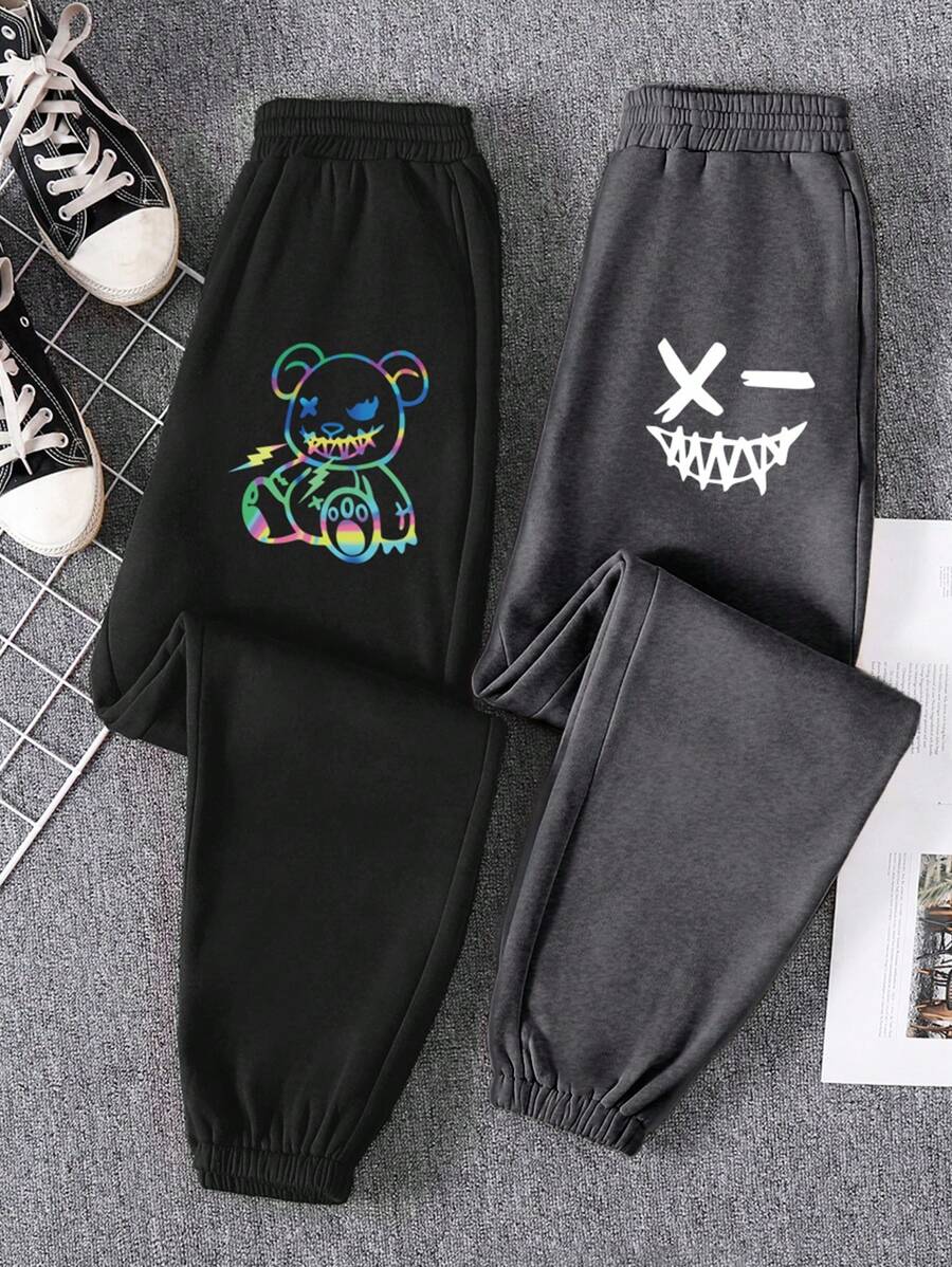 INAWLY 2pcs Cartoon Bear & Expression Print Elastic Waist Sweatpants Graduation,Back To School Outfits,Graduation,Teacher Outfits For Women,Back To School Fall Cloth For Women