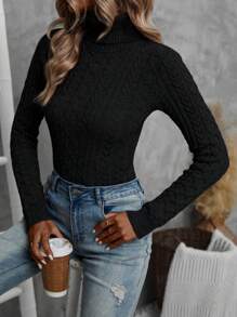 SHEIN LUNE 高領麻花編織套頭毛衣 - 黑色 - 查看 3