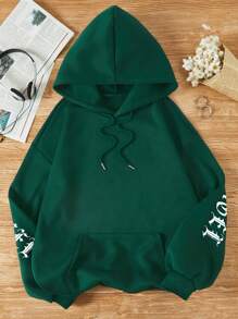 SHEIN EZwear Đồ họa đôi cánh & chữ cái Túi kangaroo Dây rút Lót nhiệt Hoodie - Màu xanh lá cây đậm - Xem 2
