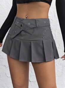 SHEIN ICON 女款高腰腰帶百褶裙 - 深灰色 - 查看 6