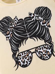 SHEIN Cô Gái Trẻ Báo & Đồ họa Hình Áo thun & quần - Màu be - Xem 4