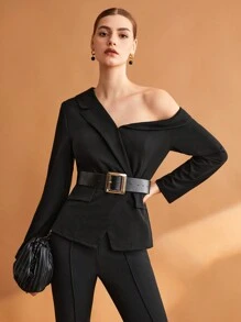 BizChic 無腰帶非對稱領口翻蓋設計西裝外套 - 黑色 - 查看 6