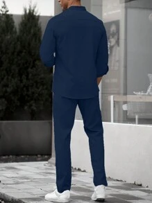 Manfinity Men Solid Shirt & Drawstring Waist Pants Without Tee - Royal Blue - View 2