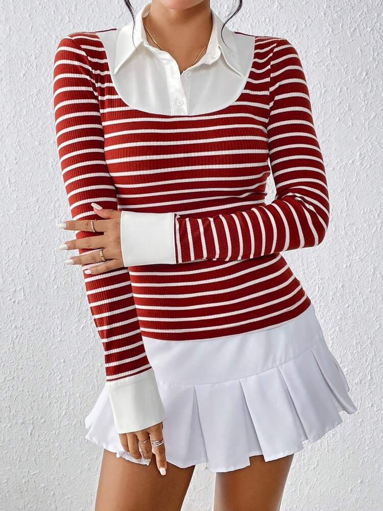 Striped Print Polo Neck 2 in 1 Tee