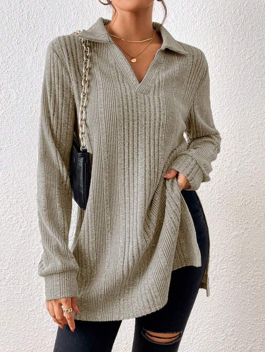 SHEIN LUNE Solid Ribbed Knit Split Hem Tee - Apricot - View 1