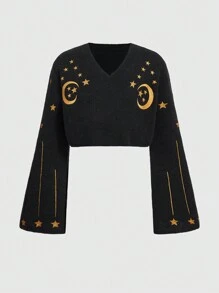 Hippie 月亮和星星刺繡喇叭袖短款毛衣 - 黑色 - 查看 1