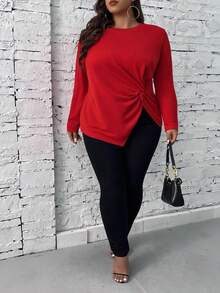 SHEIN CURVE+ Talla grande Camiseta girante delantero bajo asimétrico - Rojo - Ver 6