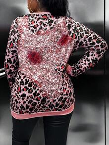 Maweii Plus Leopard Print Letter Graphic Drop Shoulder Sweatshirt - Pink - View 2