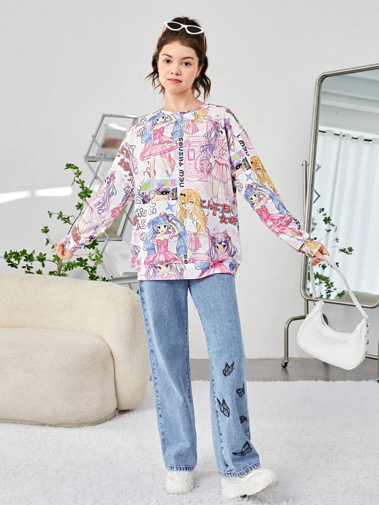 Teen Girl Figure & Letter Print Drop Shoulder Pullover
