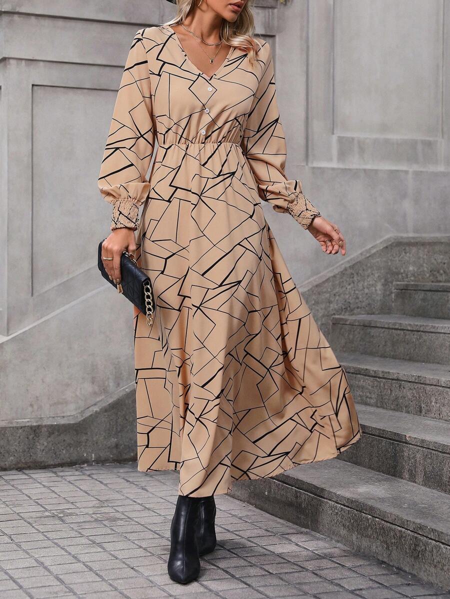 SHEIN Clasi 滿版幾何圖案燈籠袖洋裝不附腰帶 - 卡其色 - 查看 1