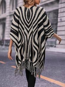 SHEIN Unity Mô hình sọc ngựa vằn tay cánh Fringe Hem Áo len Mở - Nhiều màu - Xem 2