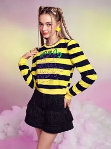 SHEINNeu Letter & Cartoon Graphic Striped Sweatshirt